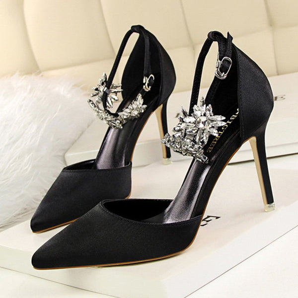 Satin rhinestone pointed heel shoes