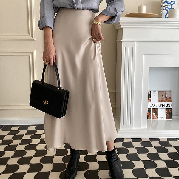 Stylish solid satin high waist a-line skirts