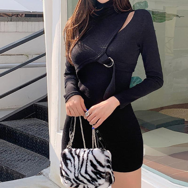 Turtleneck solid mini knitted bodycon dresses