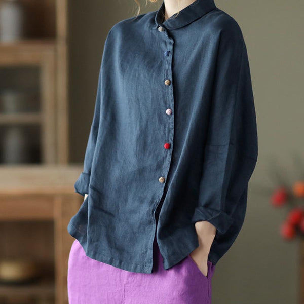 Vintage slanted placket colorful buttons linen blouses