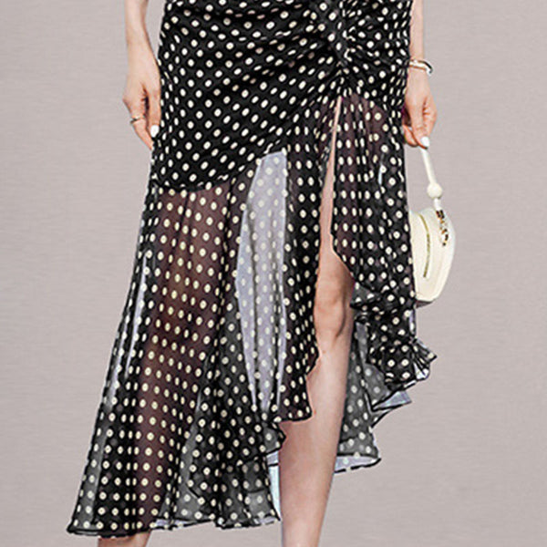 Dot side drawcord irregular transparent peplum dresses