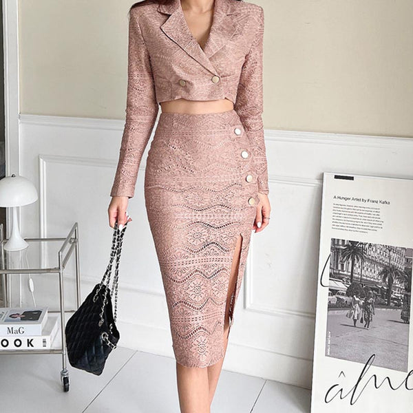 Sexy lapel crop blazers and split bodycon skirts suits
