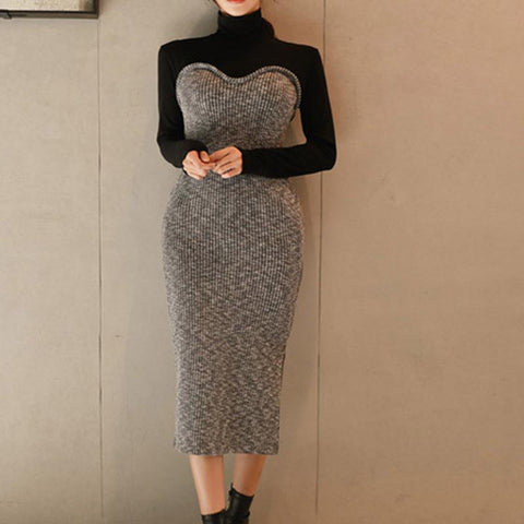 Elegant patch high neck long sleeve knitting dresses