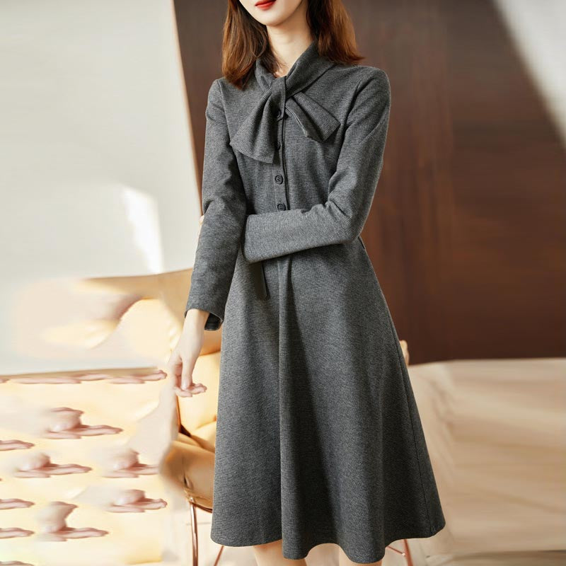 Vintage solid tie neck long sleeve skater dresses