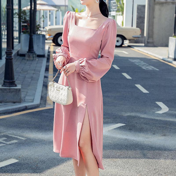 Square neck lantern sleeve midi dresses