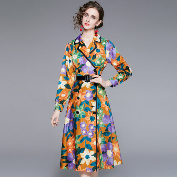 Double-breasted print long sleeve lapel dresses