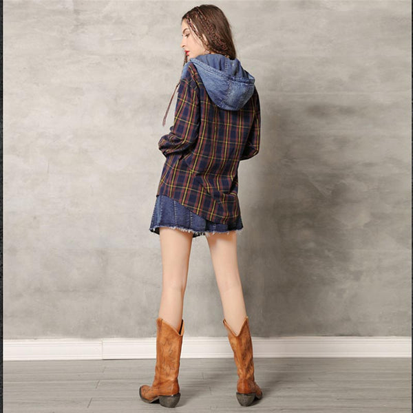 Plaid patchwork hooded blouses