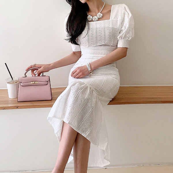 Square neck puff sleeve top midi sheath skirt suits