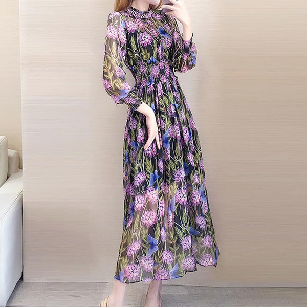 Fashion print mock neck long sleeve maxi dresses