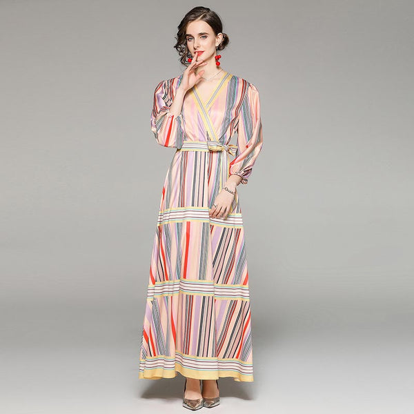 Puff sleeve stripped color blocked long dresses