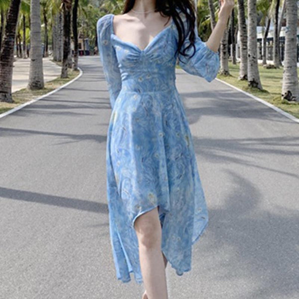 Sexy printed v-neck long sleeve irregular dresses