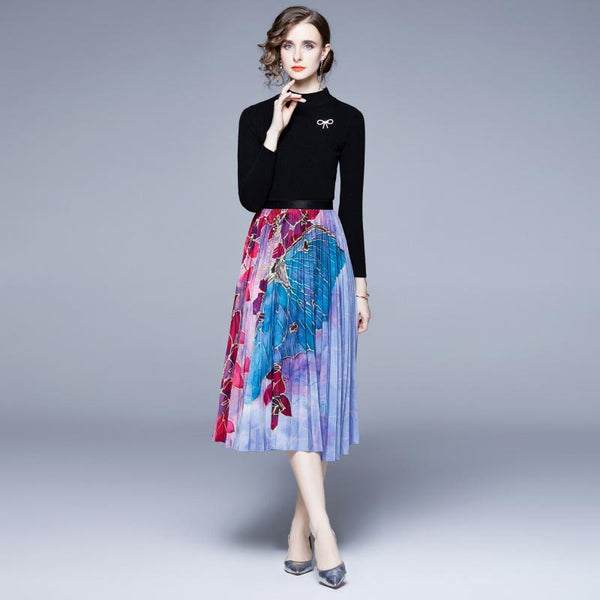 Women's long sleeve knit top & floral midi skirts