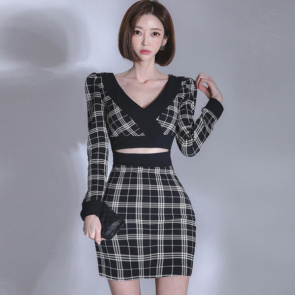 V-neck puff sleeve cut-out open plaid short dresses
