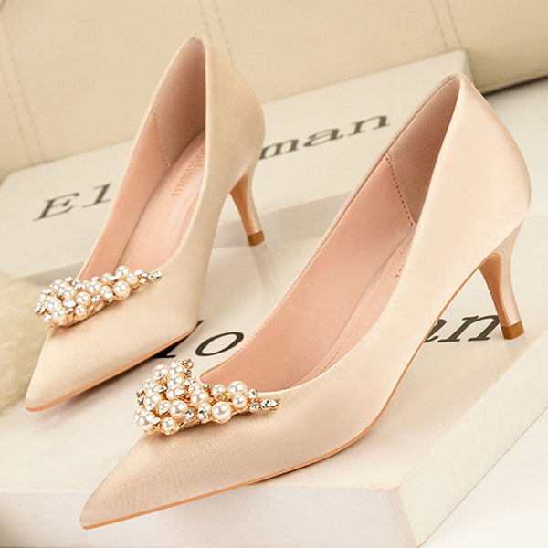 Low fronted diamante embellishment satin pointed heels
