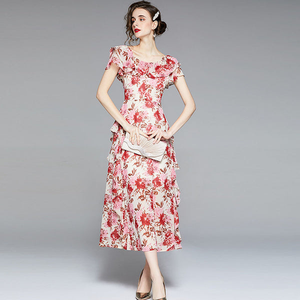 Sweet print off-the-shoulder chiffon maxi dresses