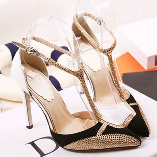 Pointed toe color block ankle-tied heels