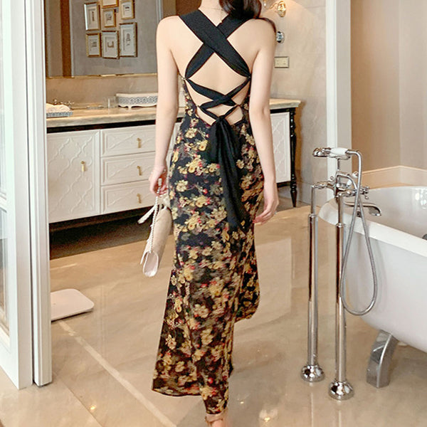 Print halter strappy backless maxi dresses
