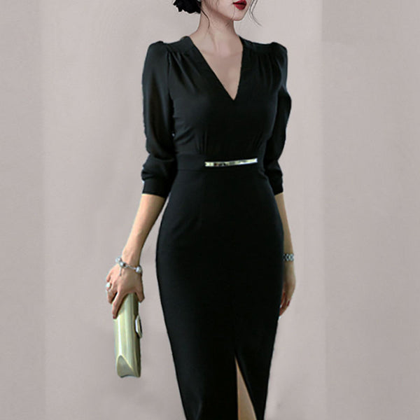 V-neck long sleeve black sheath dresses