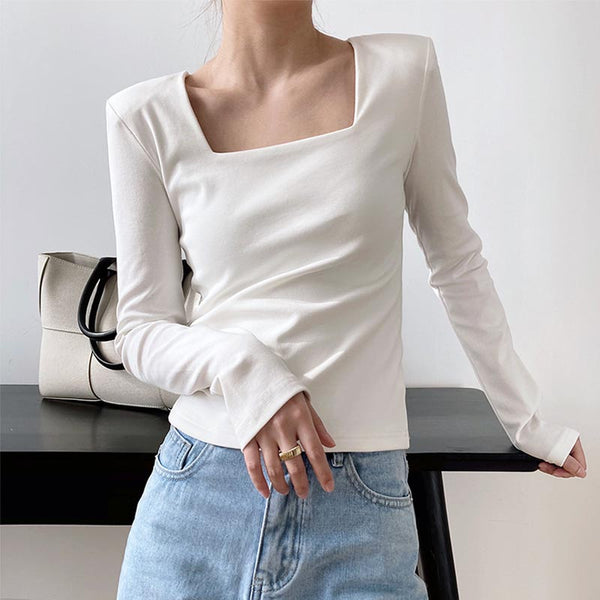 Casual solid square neck long sleeve tops