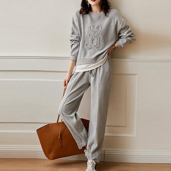 Casual patch crew neck long sleeve sweatershirts and elastic waist pants suits