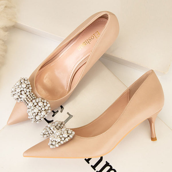 Low fronted solid bow tie pointed heels with pearls