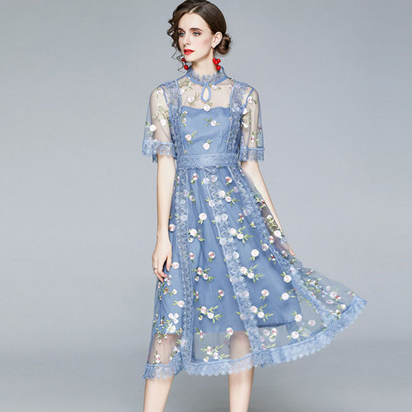Blue embroidered mock neck transparent mesh dresses