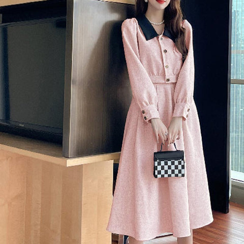 Sweet lapel long sleeve tops and solid a-line skirts suits