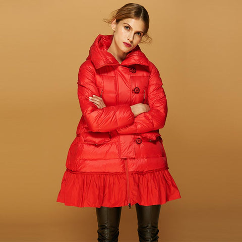 Patchwork ruffle a-line down coats
