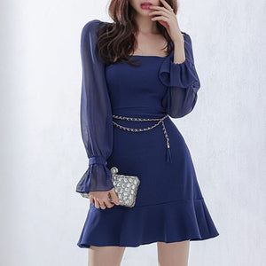 Square neck flare sleeve a-line dresses