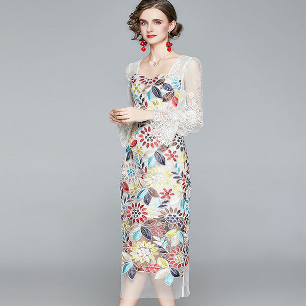 Artsy embroidered lace patchwork sheath dresses