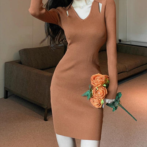 Solid knitting hollow out long sleeve slim dresses