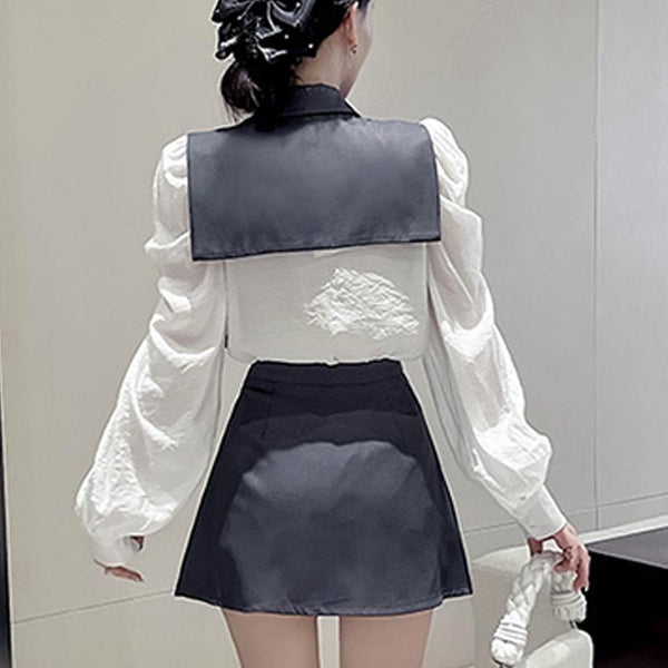 Elegant patch lapel long sleeve blazers and mini a-line skirts suits