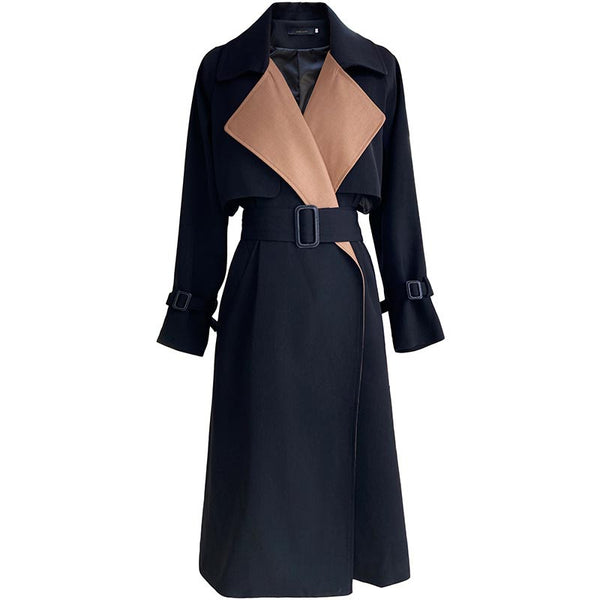 Stylish color hit lapel long sleeve trench coats