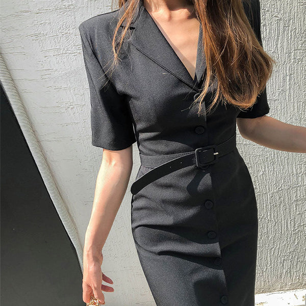Single breasted belted office bodycon dresses