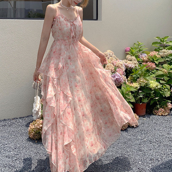 Pink floral layered a line maxi dresses