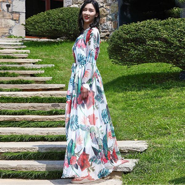 Floral lotus leaf print belted ruffle maxi dresses