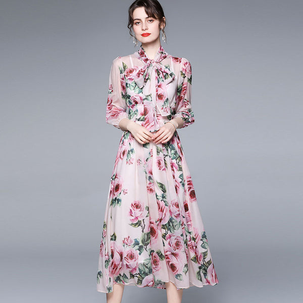 Flower print bowknot chiffon a-line dresses