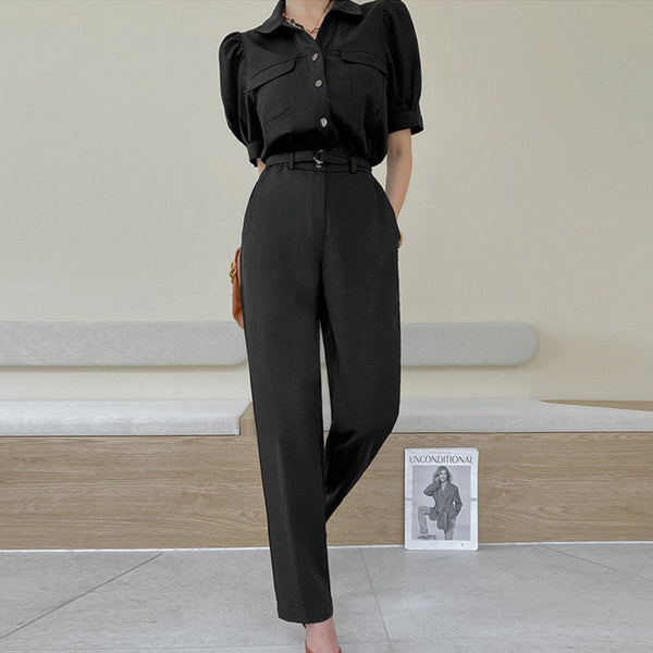 Black turn-down collar single-breasted belted jumpsuits