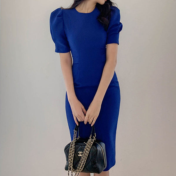 Crew neck puff sleeve bowknot sheath blue dresses