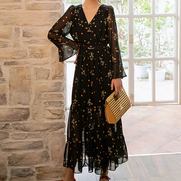 Black v-neck floral chiffon a-line dresses