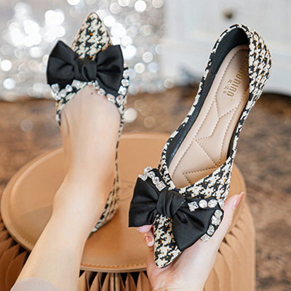 Stylish houndstooth bowknot pointed toe flats