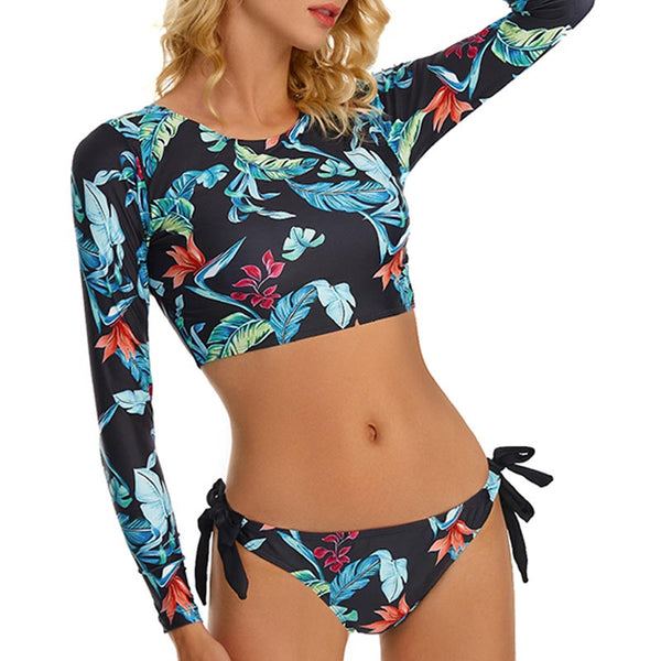 Printed long sleeve o-neck two pieces swimsuits