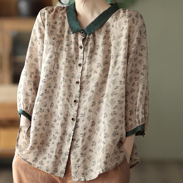 Vintage print lapel loose three-quarter sleeve blouses
