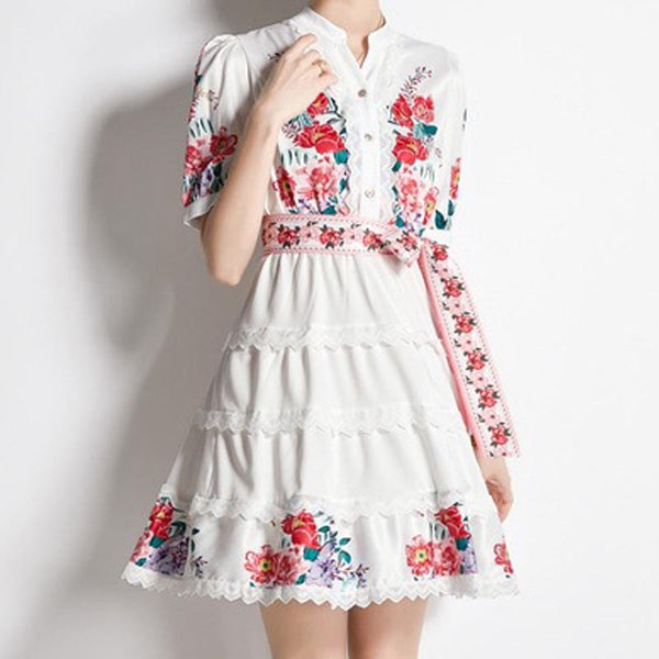 Printed v-neck short sleeve belted skater dresses