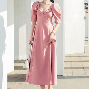 Vintage solid v-neck puff sleeve a-line dresses