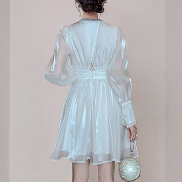 V-neck lantern sleeve white a-line dresses