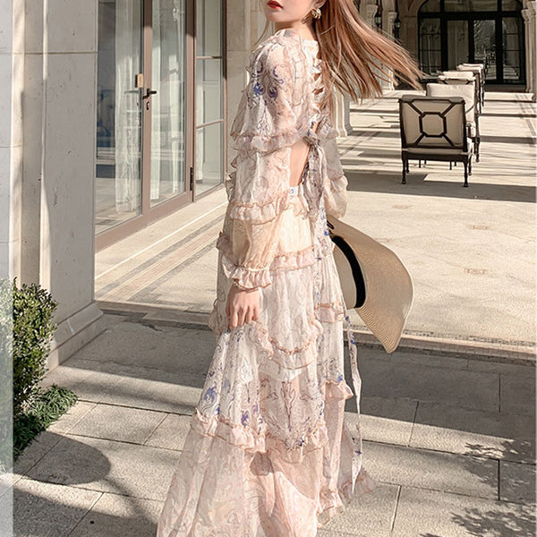 V-neck long sleeve backless floral dresses