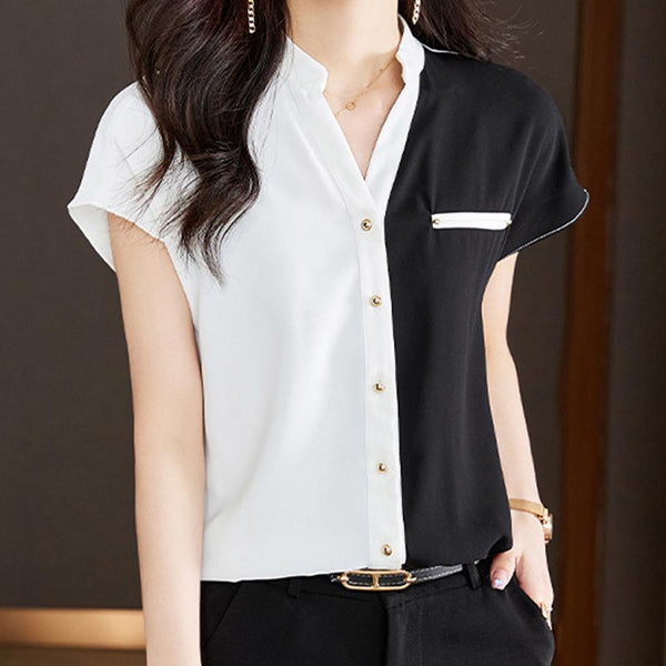 Color contrast short sleeve v-neck chiffon blouses