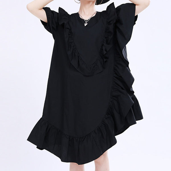 Puff sleeve lettuce ruffle shift dresses