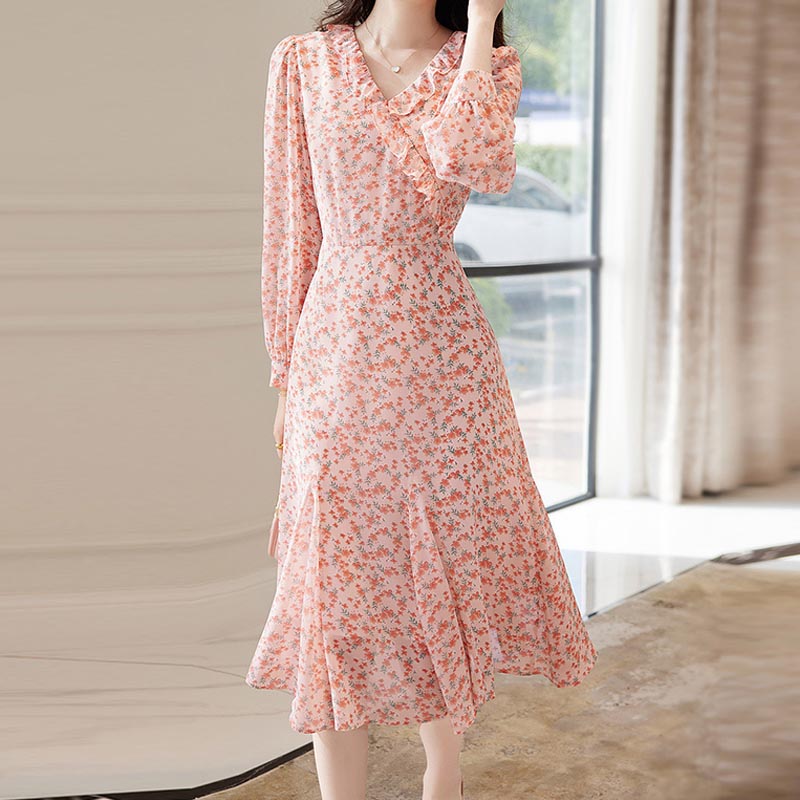 V-neck long sleeve flora midi dresses